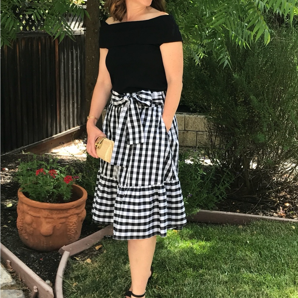 J. Crew Factory Black and White Gingham Midi Skirt